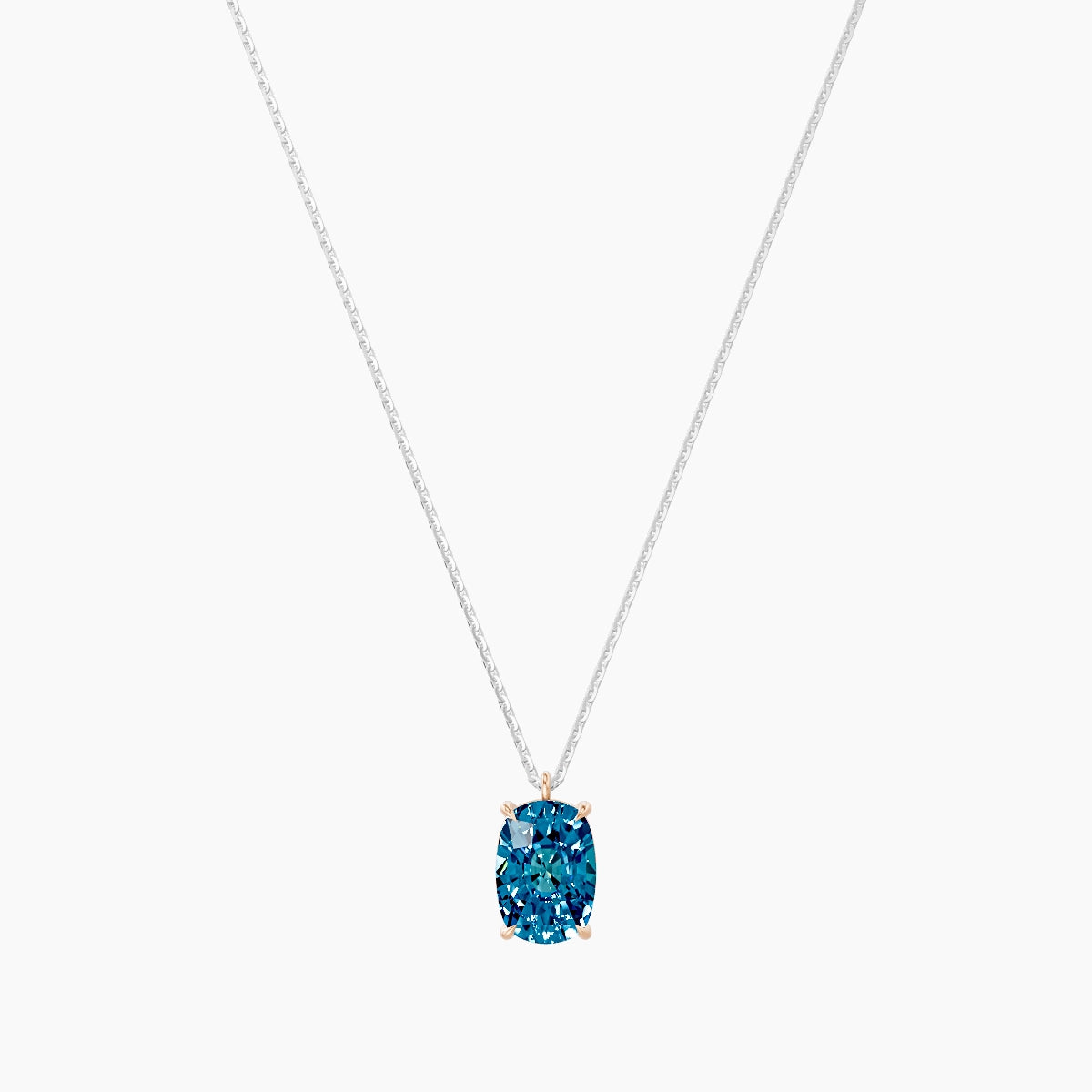 Hanging Solitaire | 18k White & Rose Gold 3 ct Blue Lab Diamond Cushion Pendant