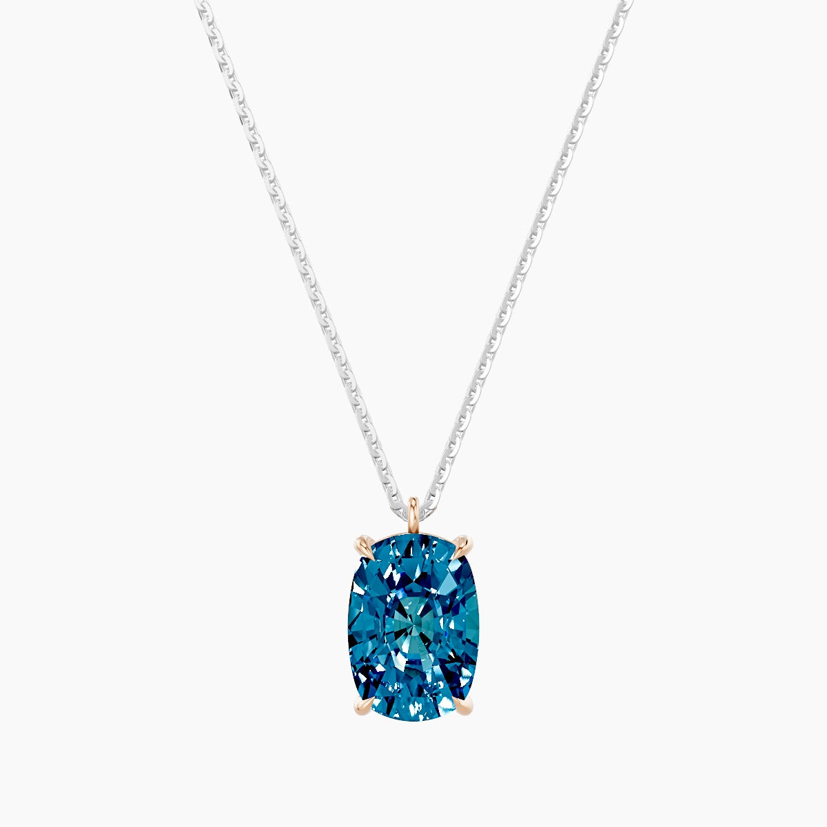 Hanging Solitaire | 18k White & Rose Gold 3 ct Blue Lab Diamond Cushion Pendant