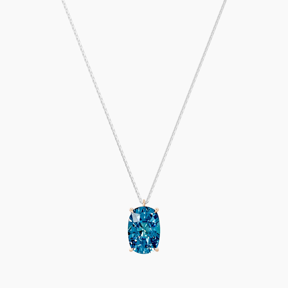 Hanging Solitaire | 18k White & Rose Gold 5 ct Blue Lab Diamond Cushion Pendant