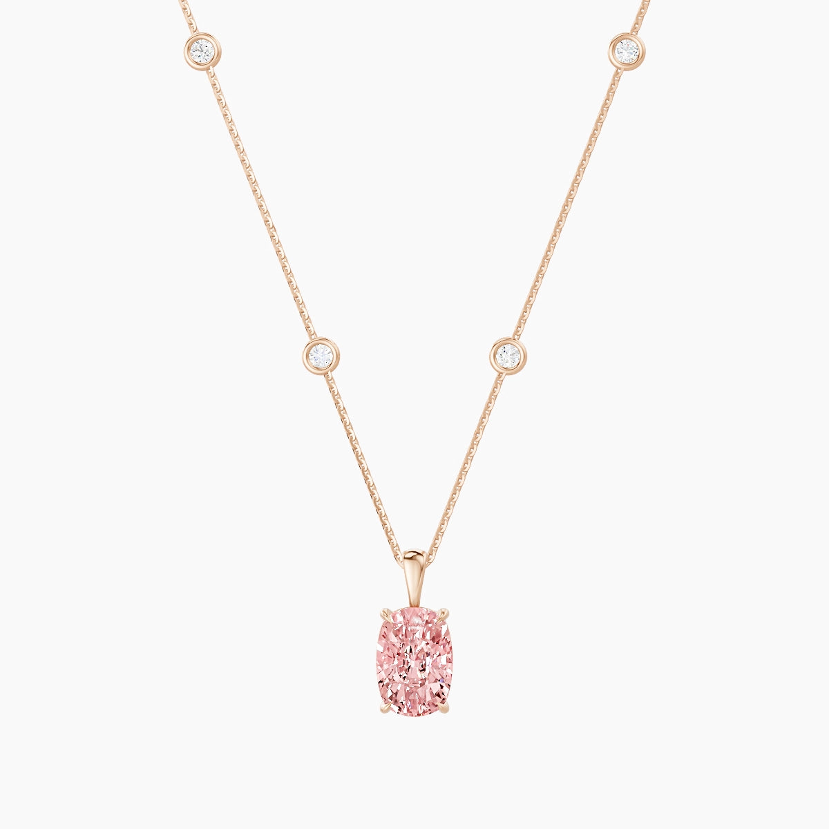 Hanging Solitaire with Sautoir | 18k Rose Gold 3 ct Pink Lab Diamond Cushion Pendant