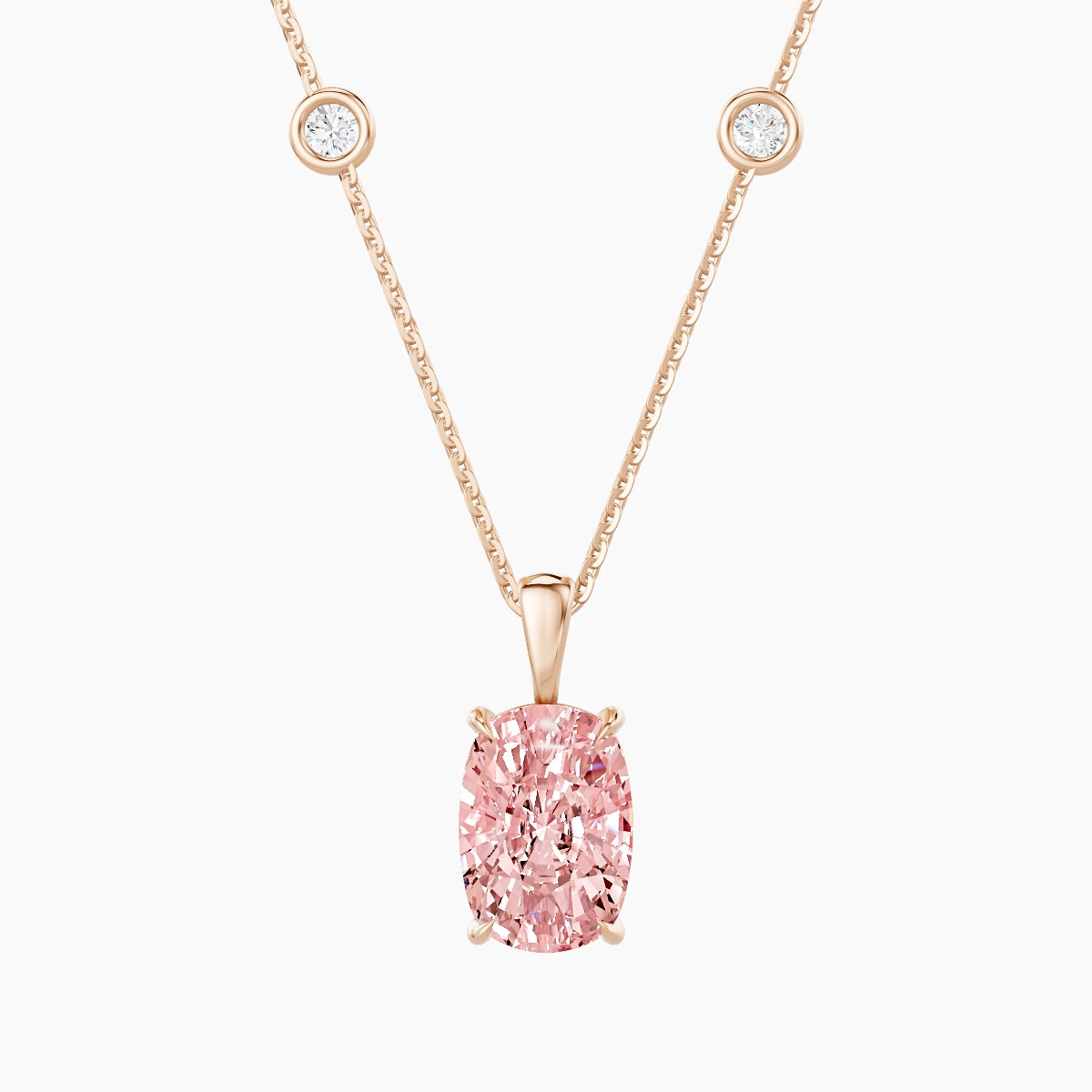 Hanging Solitaire with Sautoir | 18k Rose Gold 3 ct Pink Lab Diamond Cushion Pendant