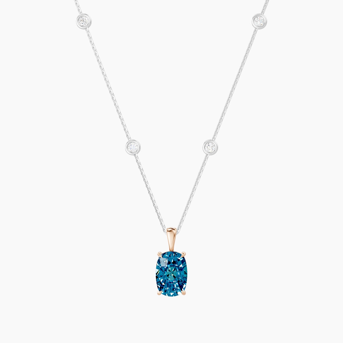 Hanging Solitaire with Sautoir | 18k White & Rose Gold 3 ct Blue Lab Diamond Cushion Pendant
