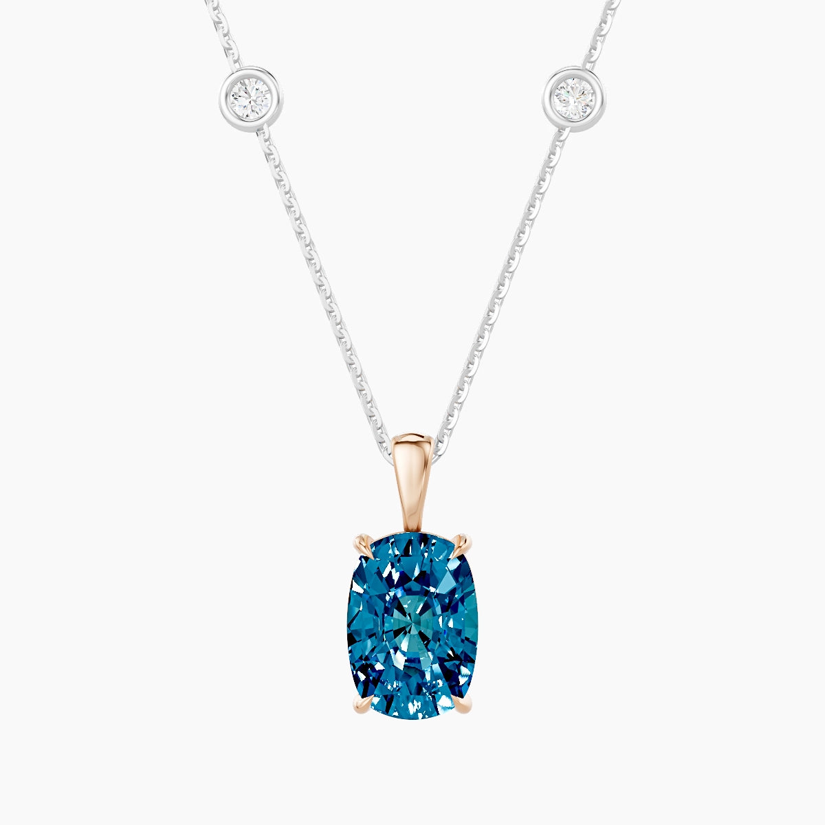 Hanging Solitaire with Sautoir | 18k White & Rose Gold 3 ct Blue Lab Diamond Cushion Pendant
