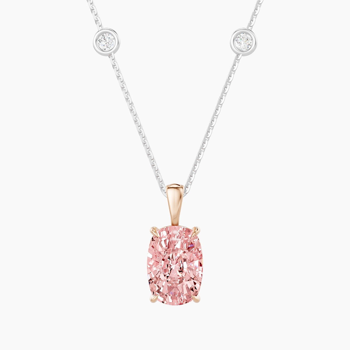 Hanging Solitaire with Sautoir | 18k White & Rose Gold 3 ct Pink Lab Diamond Cushion Pendant