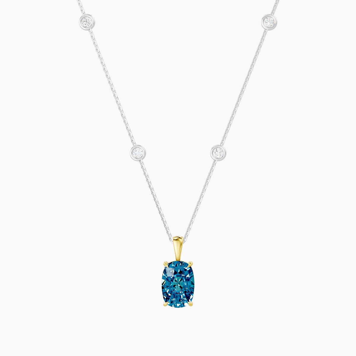 Hanging Solitaire with Sautoir | 18k White & Yellow Gold 3 ct Blue Lab Diamond Cushion Pendant