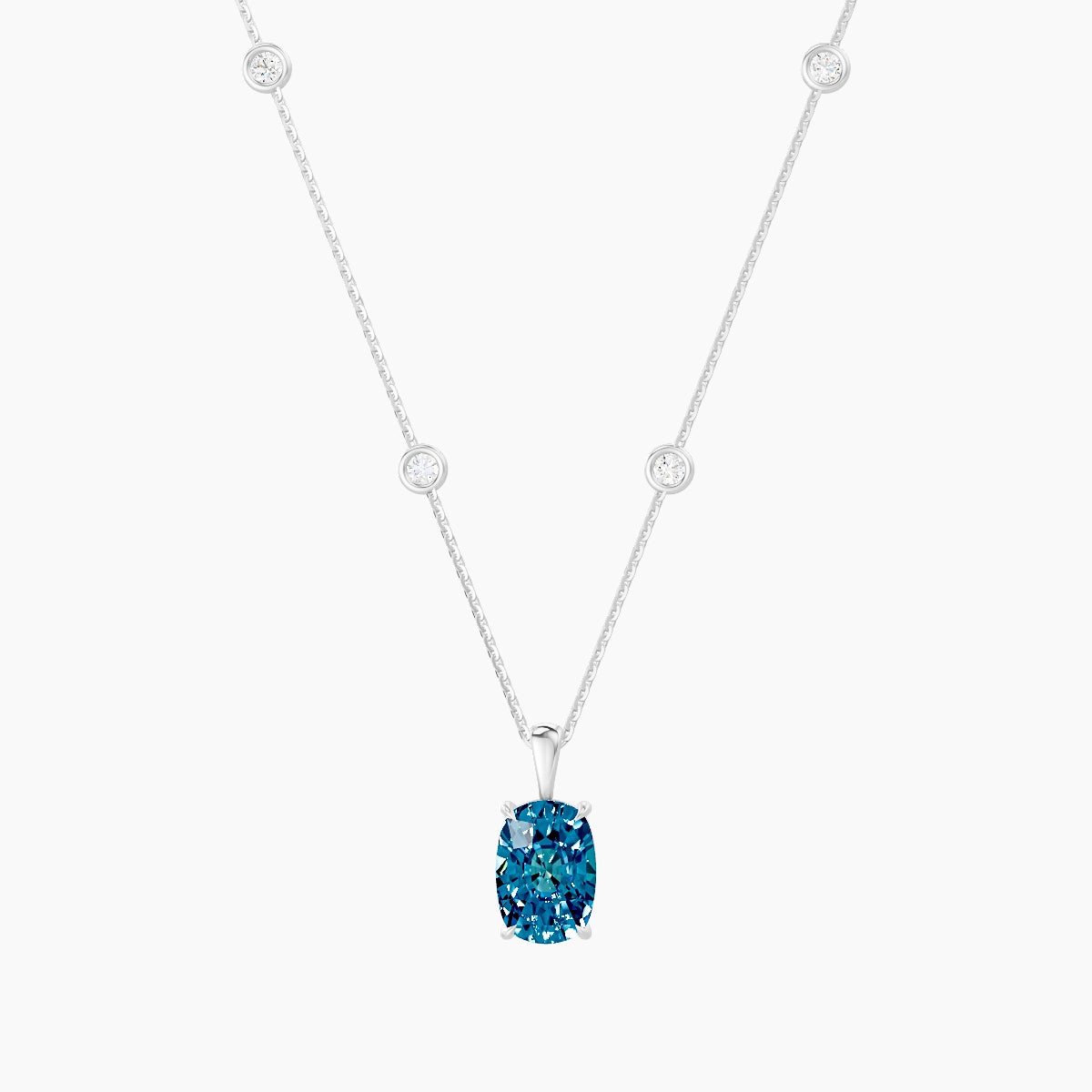 Hanging Solitaire with Sautoir | 18k White Gold 3 ct Blue Lab Diamond Cushion Pendant