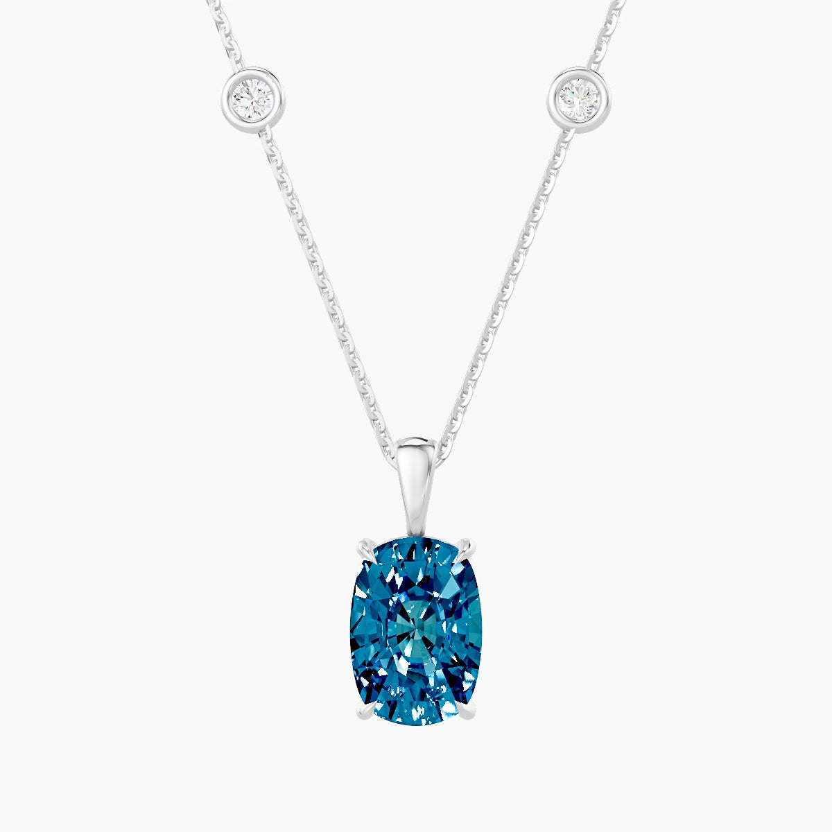 Hanging Solitaire with Sautoir | 18k White Gold 3 ct Blue Lab Diamond Cushion Pendant