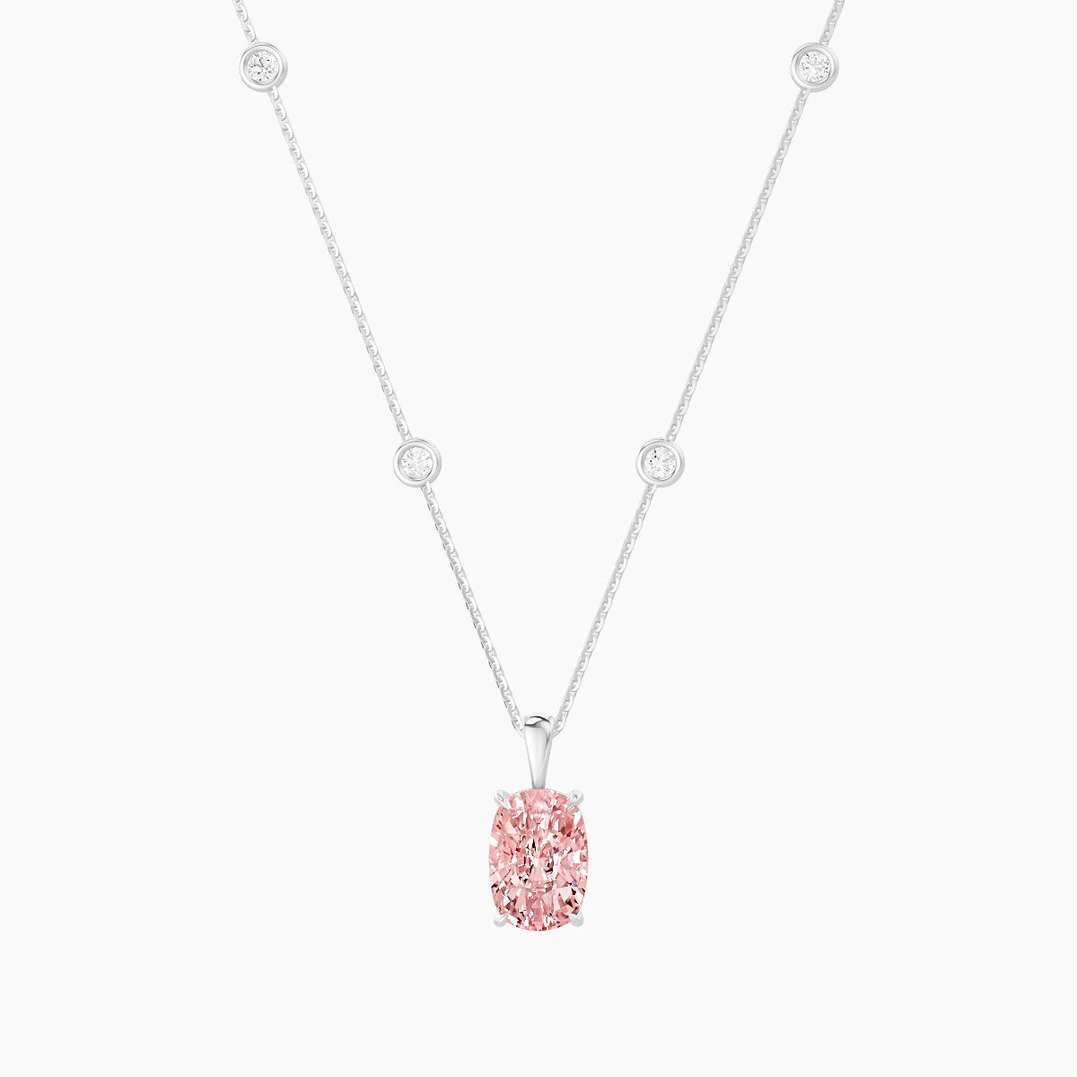 Hanging Solitaire with Sautoir | 18k White Gold 3 ct Pink Lab Diamond Cushion Pendant
