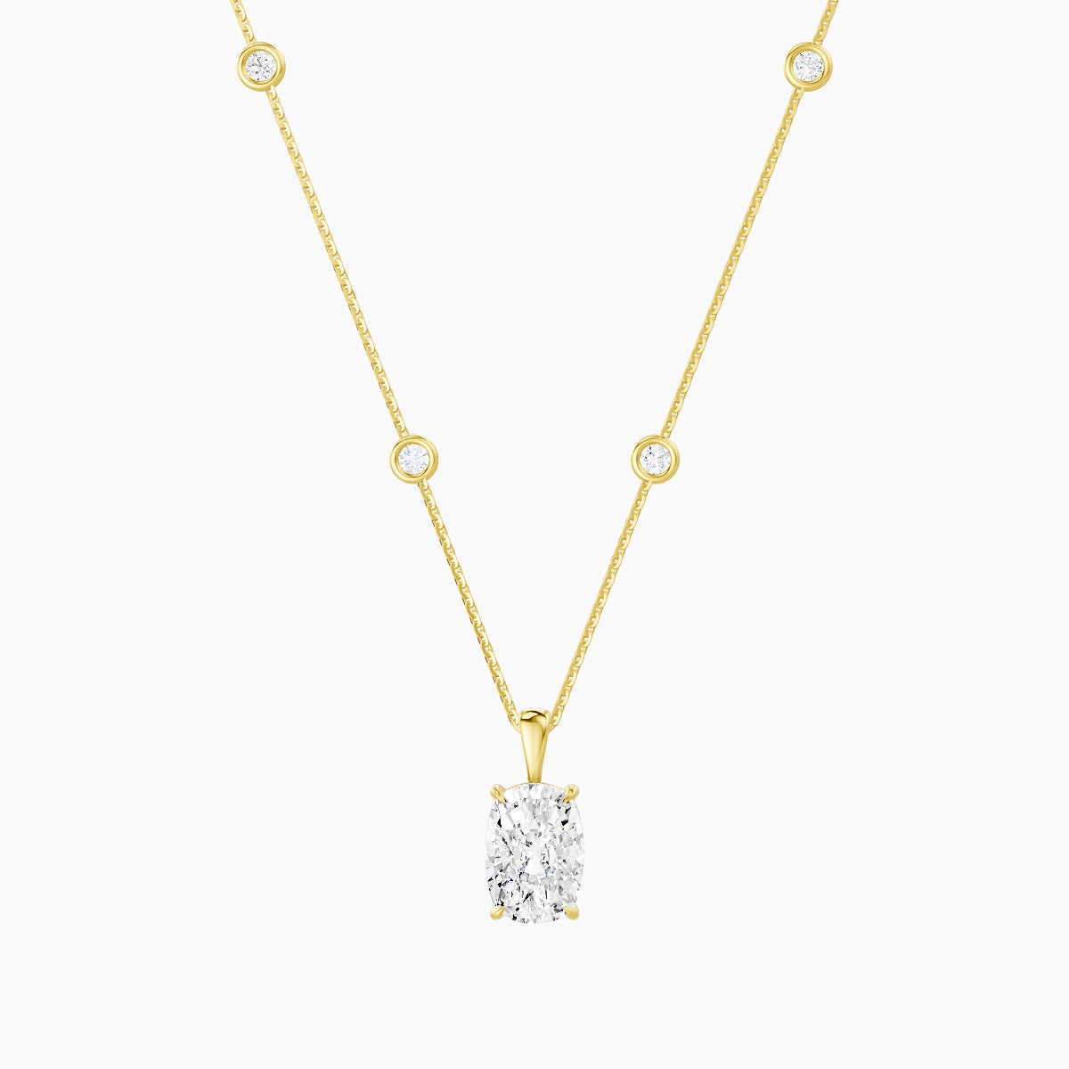 Hanging Solitaire with Sautoir | 18k Yellow Gold 3 ct White Lab Diamond Cushion Pendant