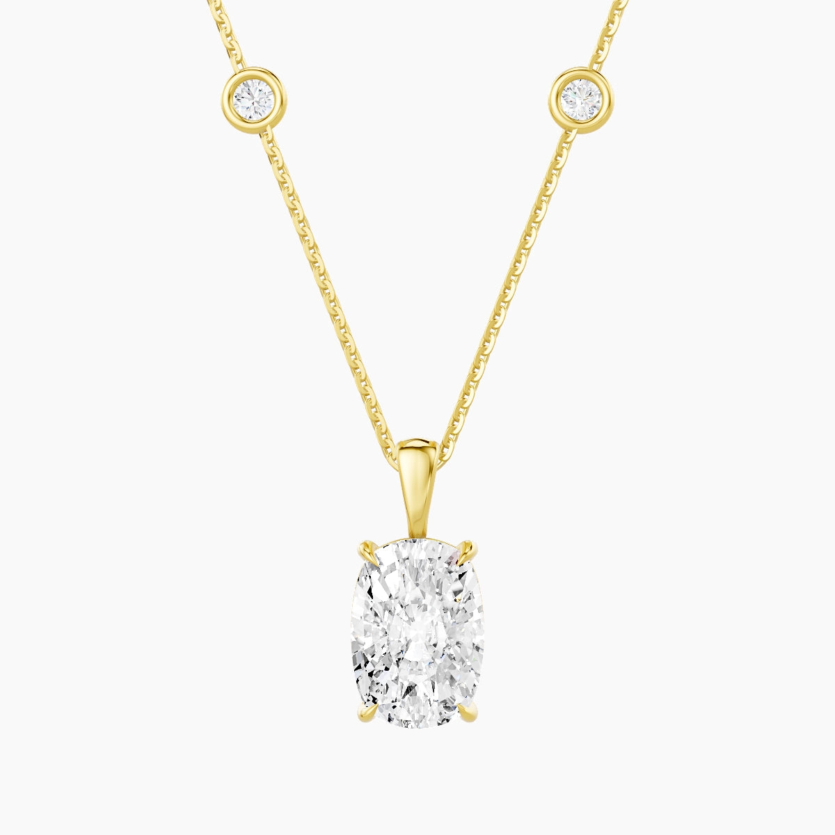 Hanging Solitaire with Sautoir | 18k Yellow Gold 3 ct White Lab Diamond Cushion Pendant