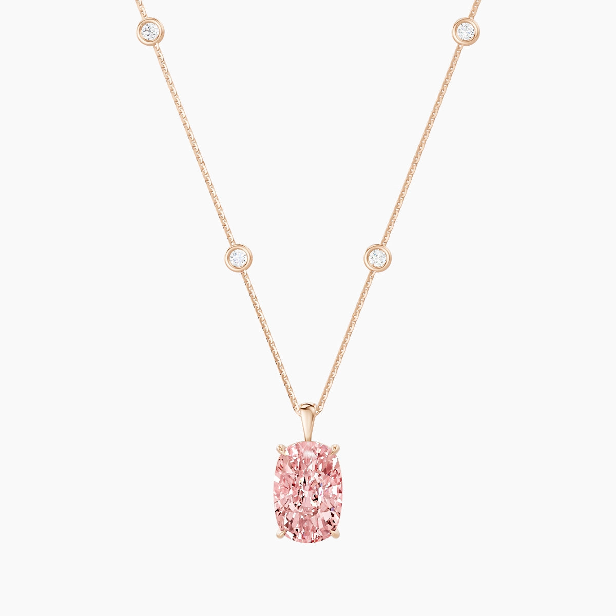 Hanging Solitaire with Sautoir | 18k Rose Gold 5 ct Pink Lab Diamond Cushion Pendant