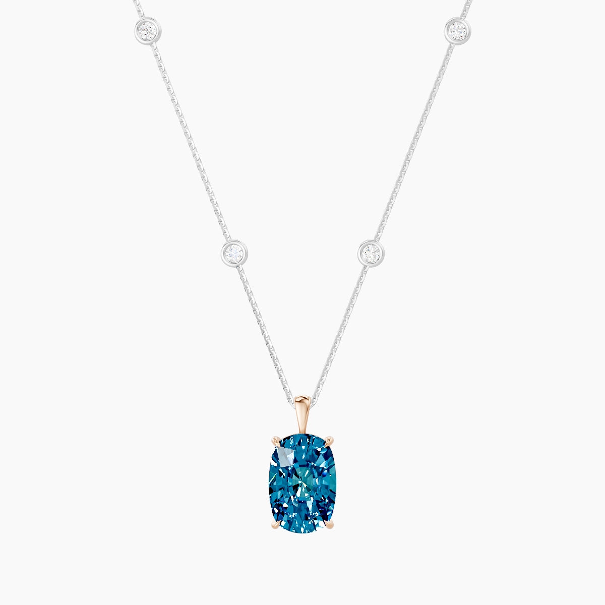 Hanging Solitaire with Sautoir | 18k White & Rose Gold 5 ct Blue Lab Diamond Cushion Pendant