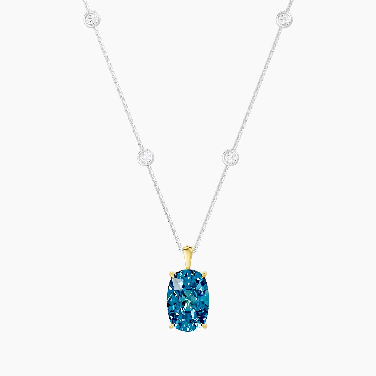 Hanging Solitaire with Sautoir | 18k White & Yellow Gold 5 ct Blue Lab Diamond Cushion Pendant