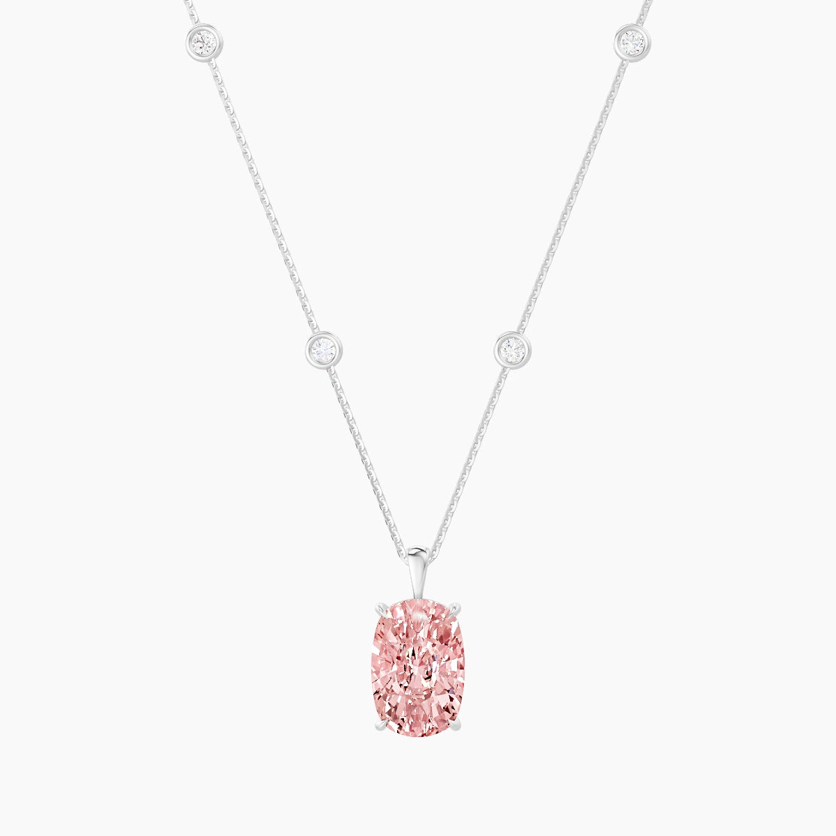Hanging Solitaire with Sautoir | 18k White Gold 5 ct Pink Lab Diamond Cushion Pendant