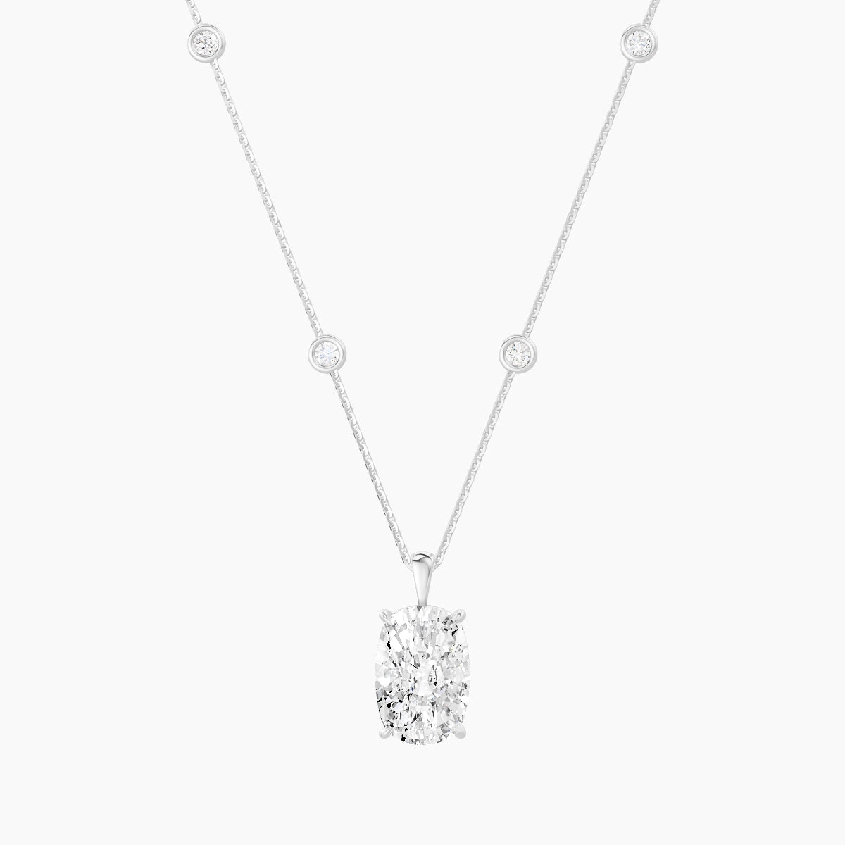 Hanging Solitaire with Sautoir | 18k White Gold 5 ct White Lab Diamond Cushion Pendant