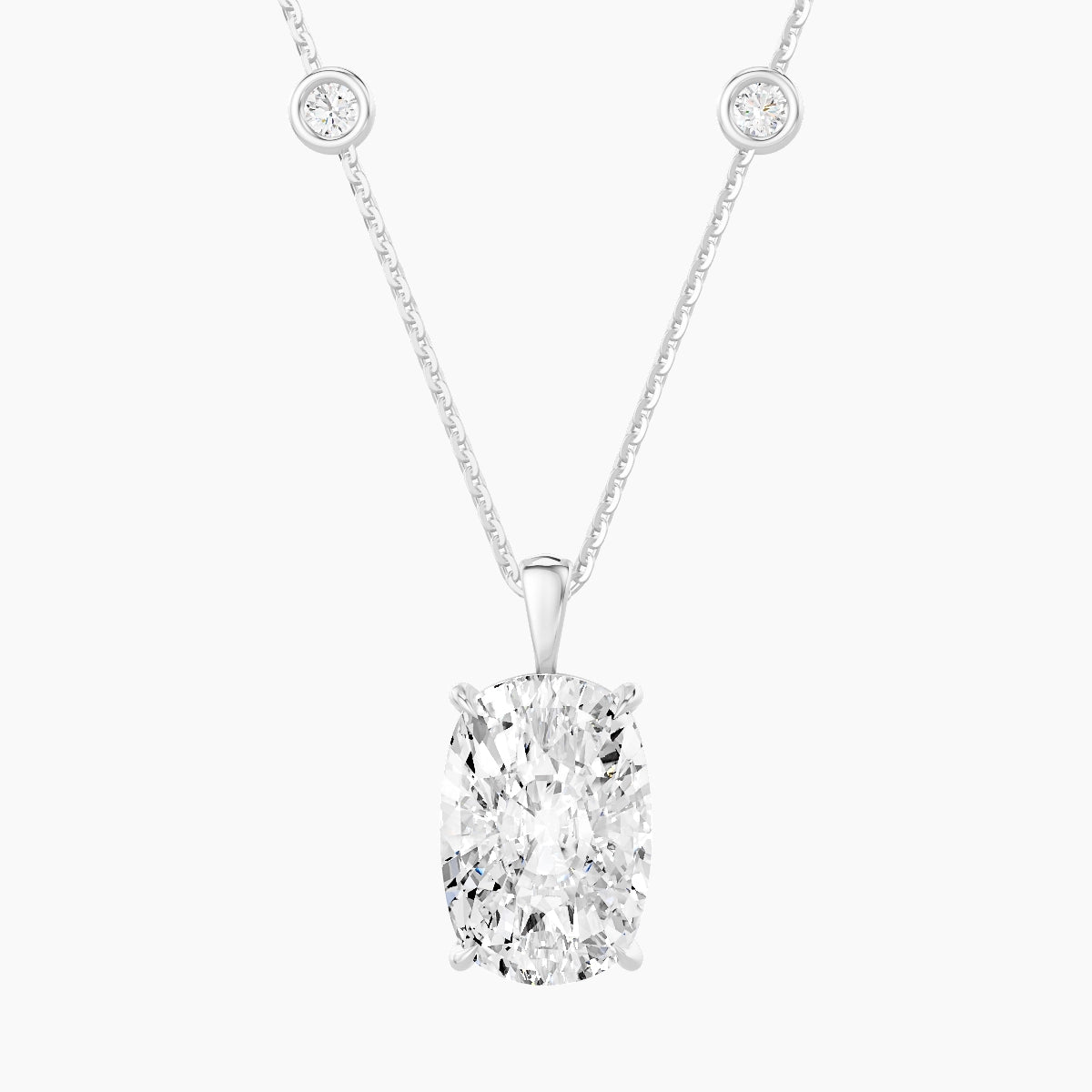 Hanging Solitaire with Sautoir | 18k White Gold 5 ct White Lab Diamond Cushion Pendant