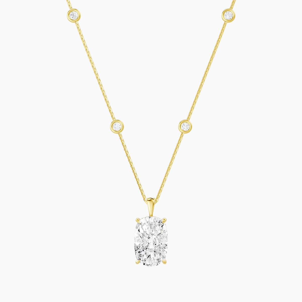 Hanging Solitaire with Sautoir | 18k Yellow Gold 5 ct White Lab Diamond Cushion Pendant