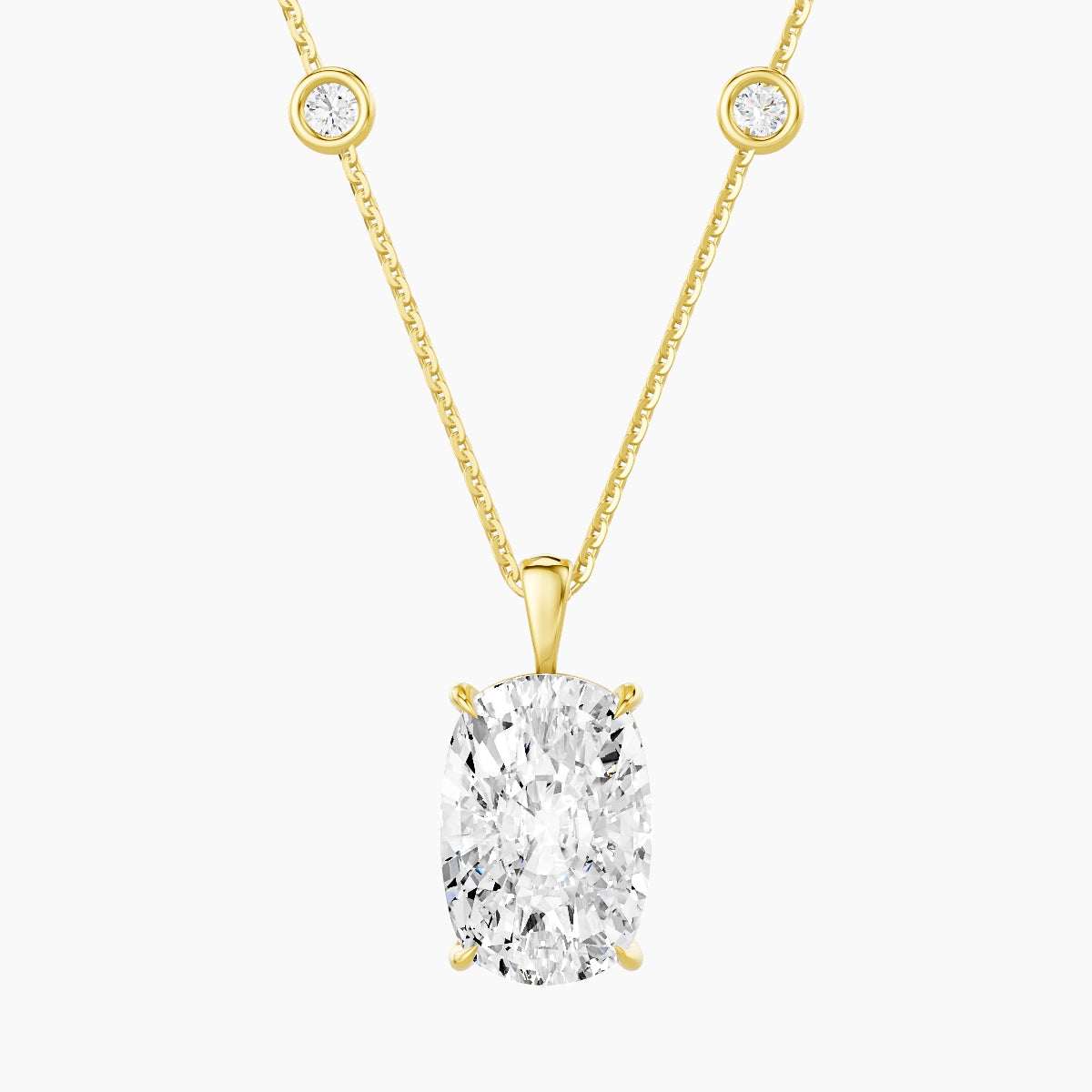 Hanging Solitaire with Sautoir | 18k Yellow Gold 5 ct White Lab Diamond Cushion Pendant