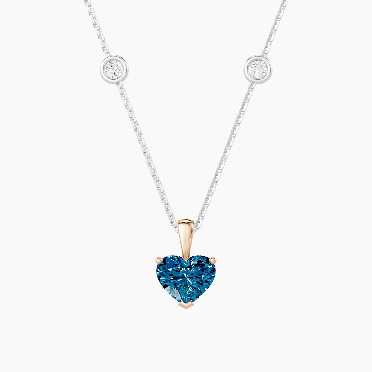 Hanging Solitaire with Sautoir | 18k White & Rose Gold 1 ct Blue Lab Diamond Heart Pendant