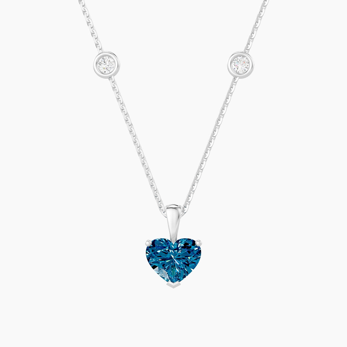 Hanging Solitaire with Sautoir | 18k White Gold 1 ct Blue Lab Diamond Heart Pendant