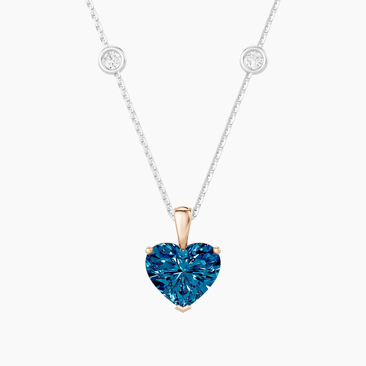 Hanging Solitaire with Sautoir | 18k White & Rose Gold 2 ct Blue Lab Diamond Heart Pendant