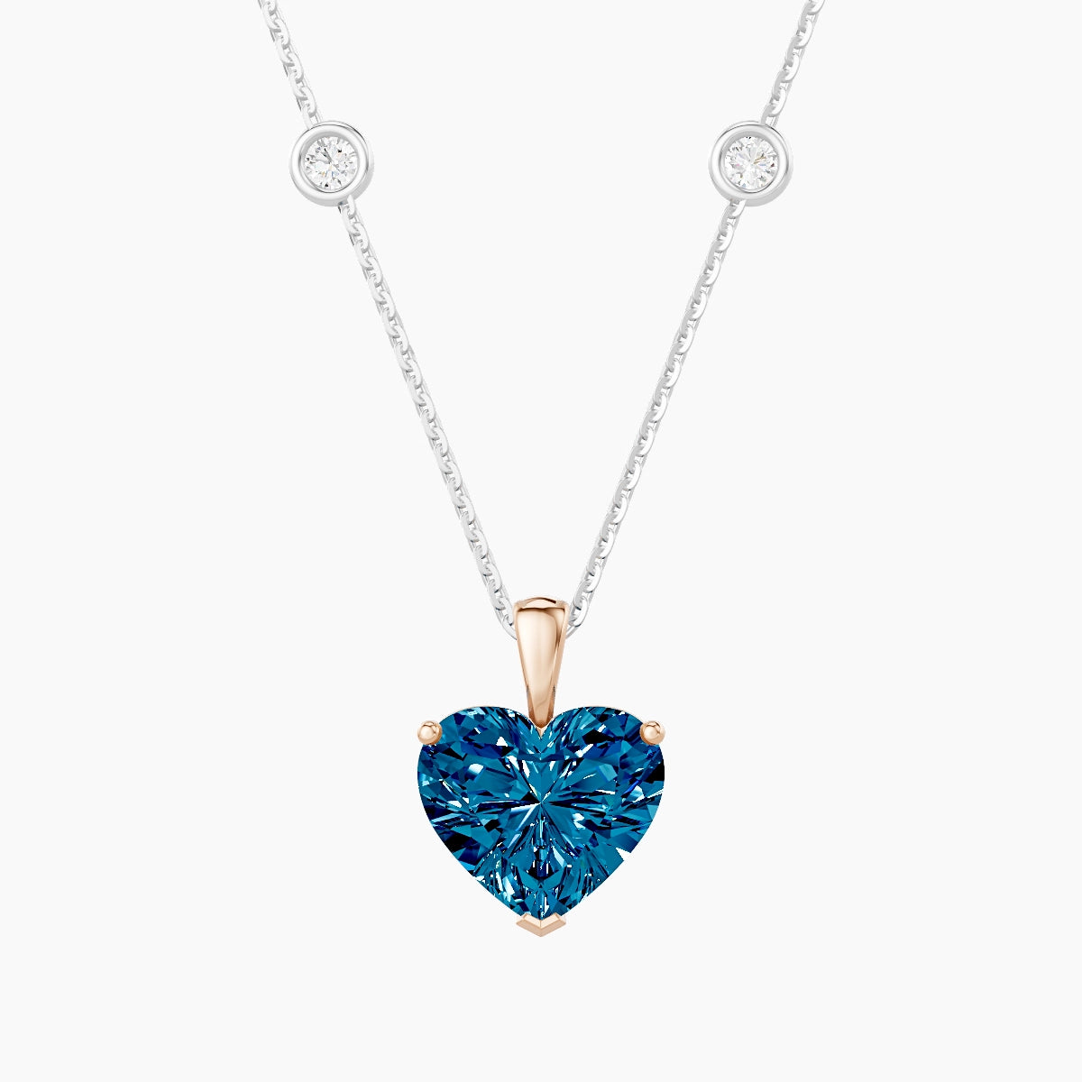 Hanging Solitaire with Sautoir | 18k White & Rose Gold 3 ct Blue Lab Diamond Heart Pendant