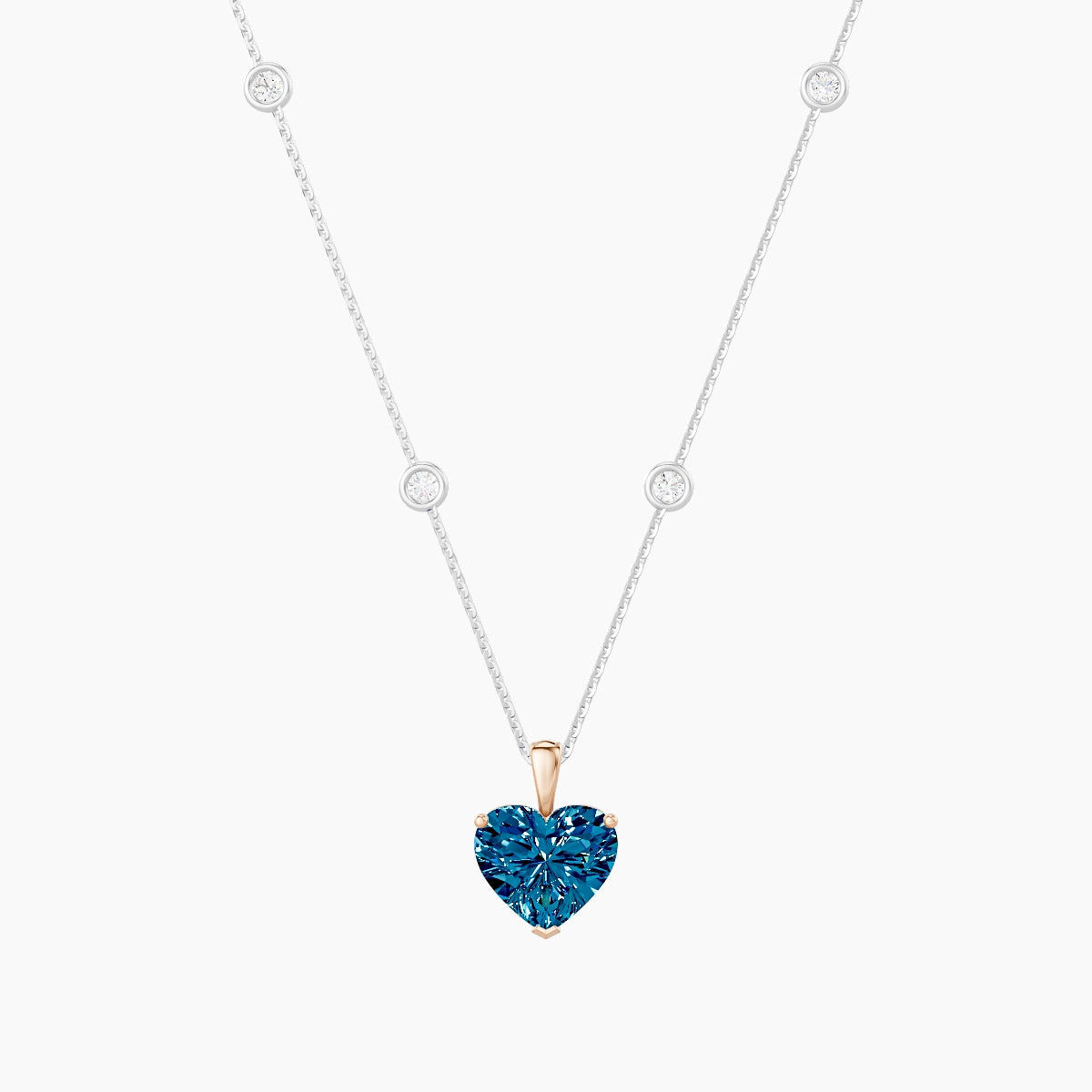 Hanging Solitaire with Sautoir | 18k White & Rose Gold 3 ct Blue Lab Diamond Heart Pendant