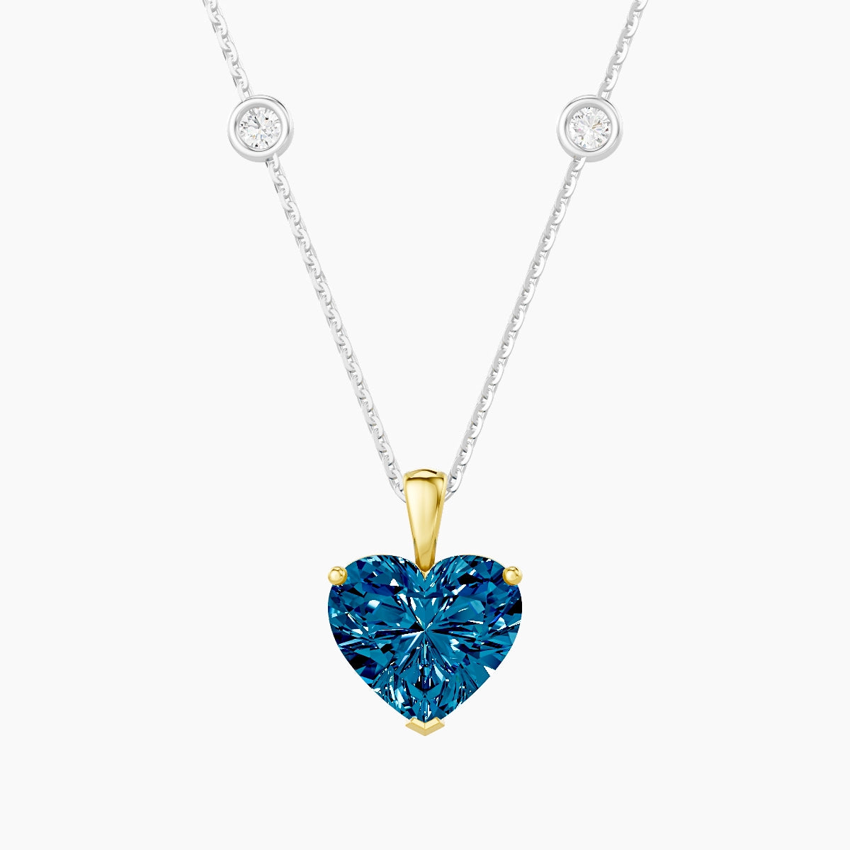 Hanging Solitaire with Sautoir | 18k White & Yellow Gold 3 ct Blue Lab Diamond Heart Pendant