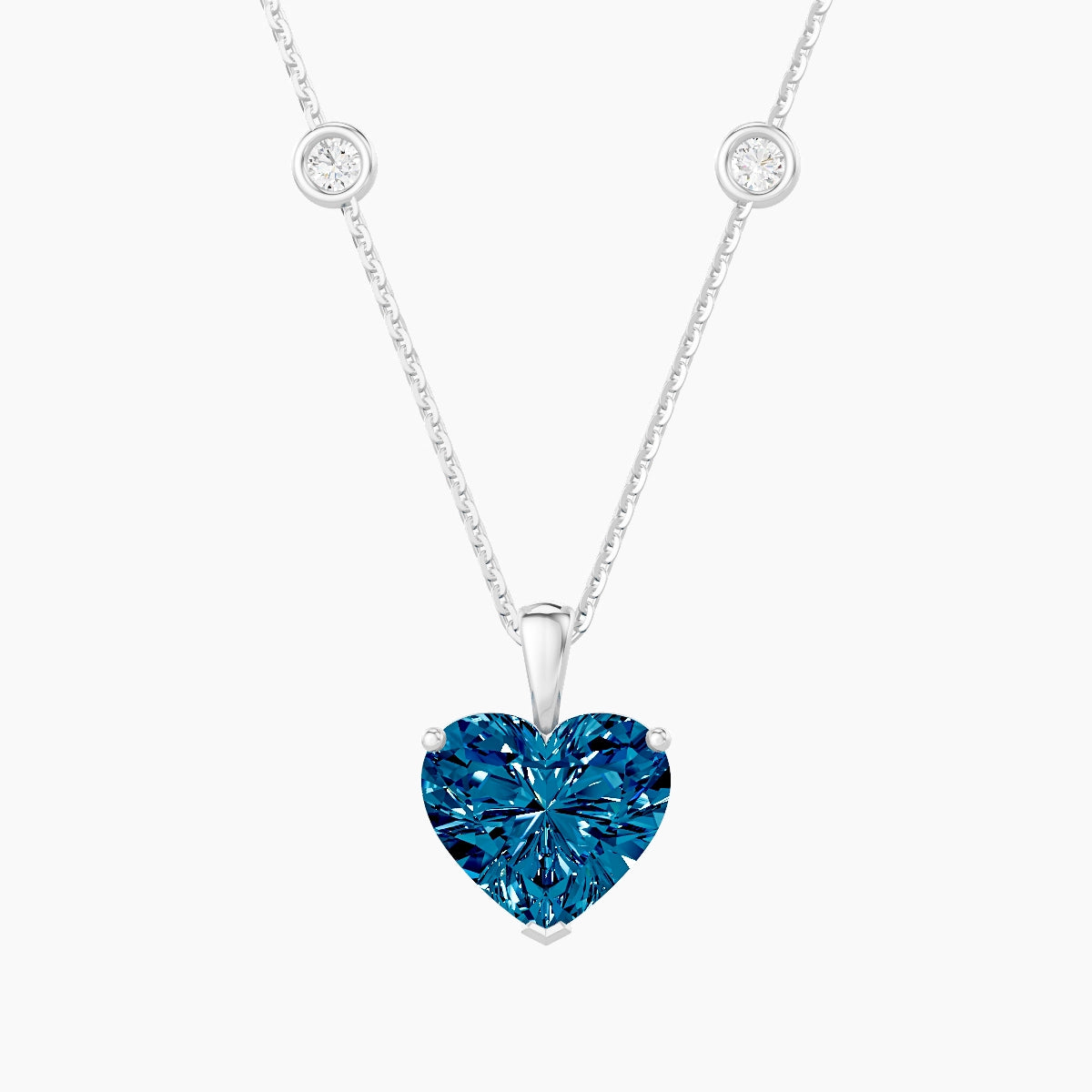 Hanging Solitaire with Sautoir | 18k White Gold 3 ct Blue Lab Diamond Heart Pendant