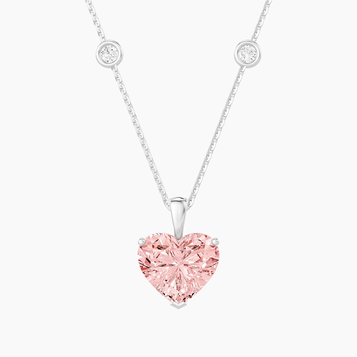 Hanging Solitaire with Sautoir | 18k White Gold 3 ct Pink Lab Diamond Heart Pendant