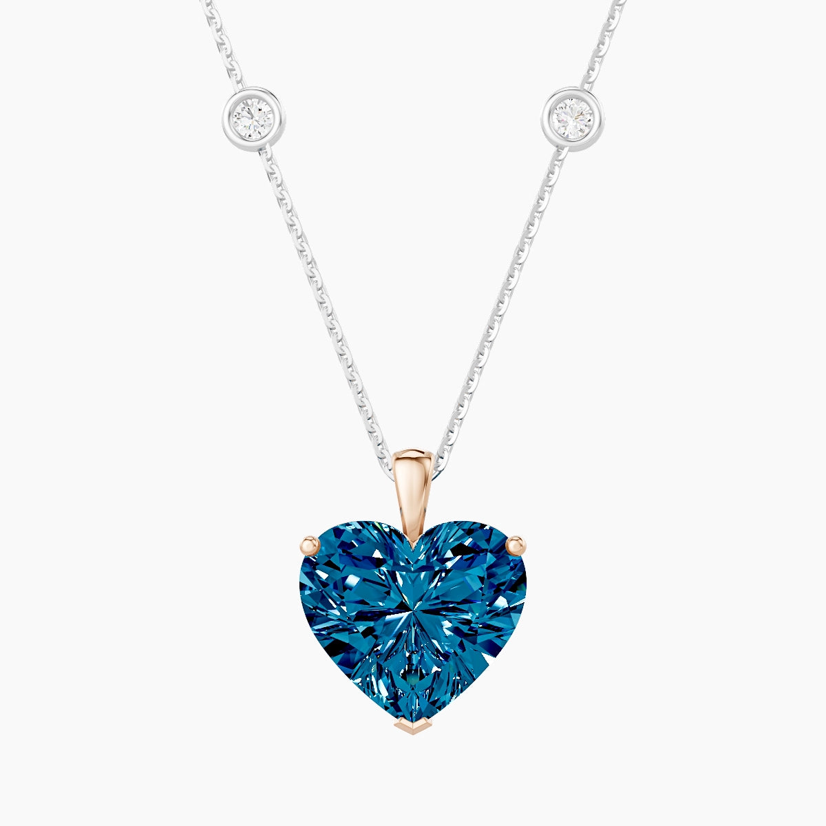 Hanging Solitaire with Sautoir | 18k White & Rose Gold 5 ct Blue Lab Diamond Heart Pendant