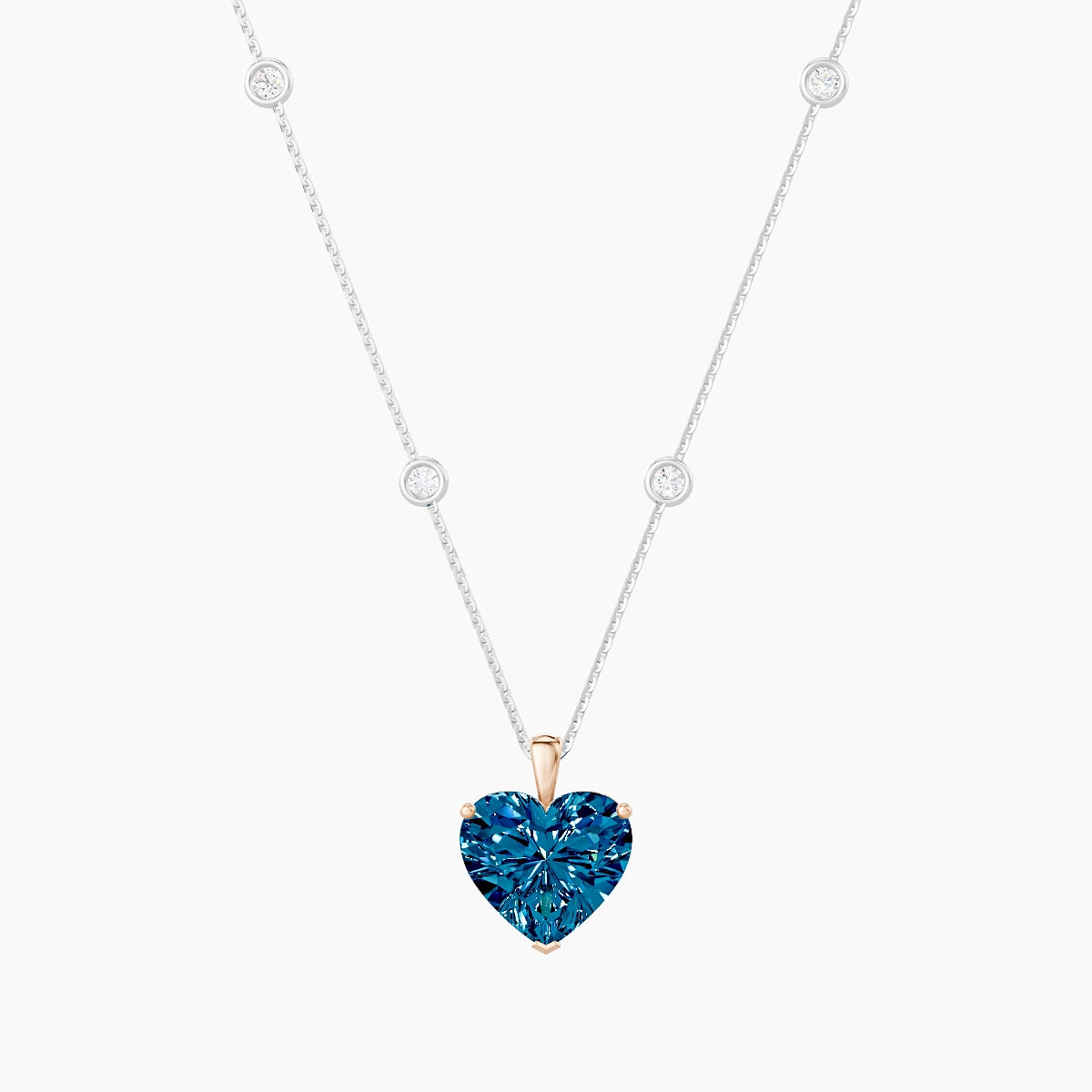 Hanging Solitaire with Sautoir | 18k White & Rose Gold 5 ct Blue Lab Diamond Heart Pendant