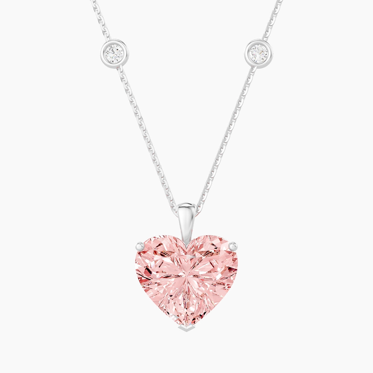 Hanging Solitaire with Sautoir | 18k White Gold 5 ct Pink Lab Diamond Heart Pendant