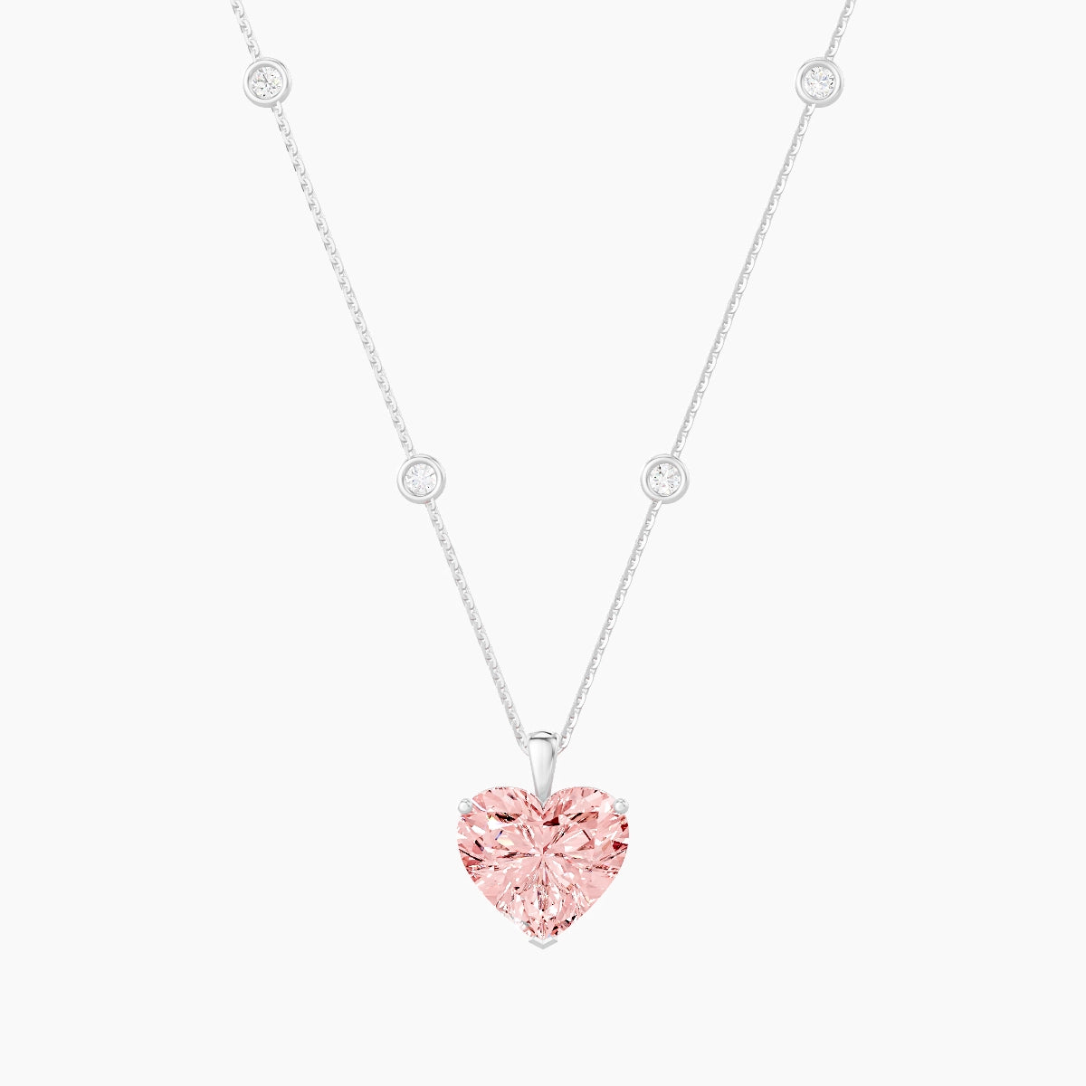 Hanging Solitaire with Sautoir | 18k White Gold 5 ct Pink Lab Diamond Heart Pendant