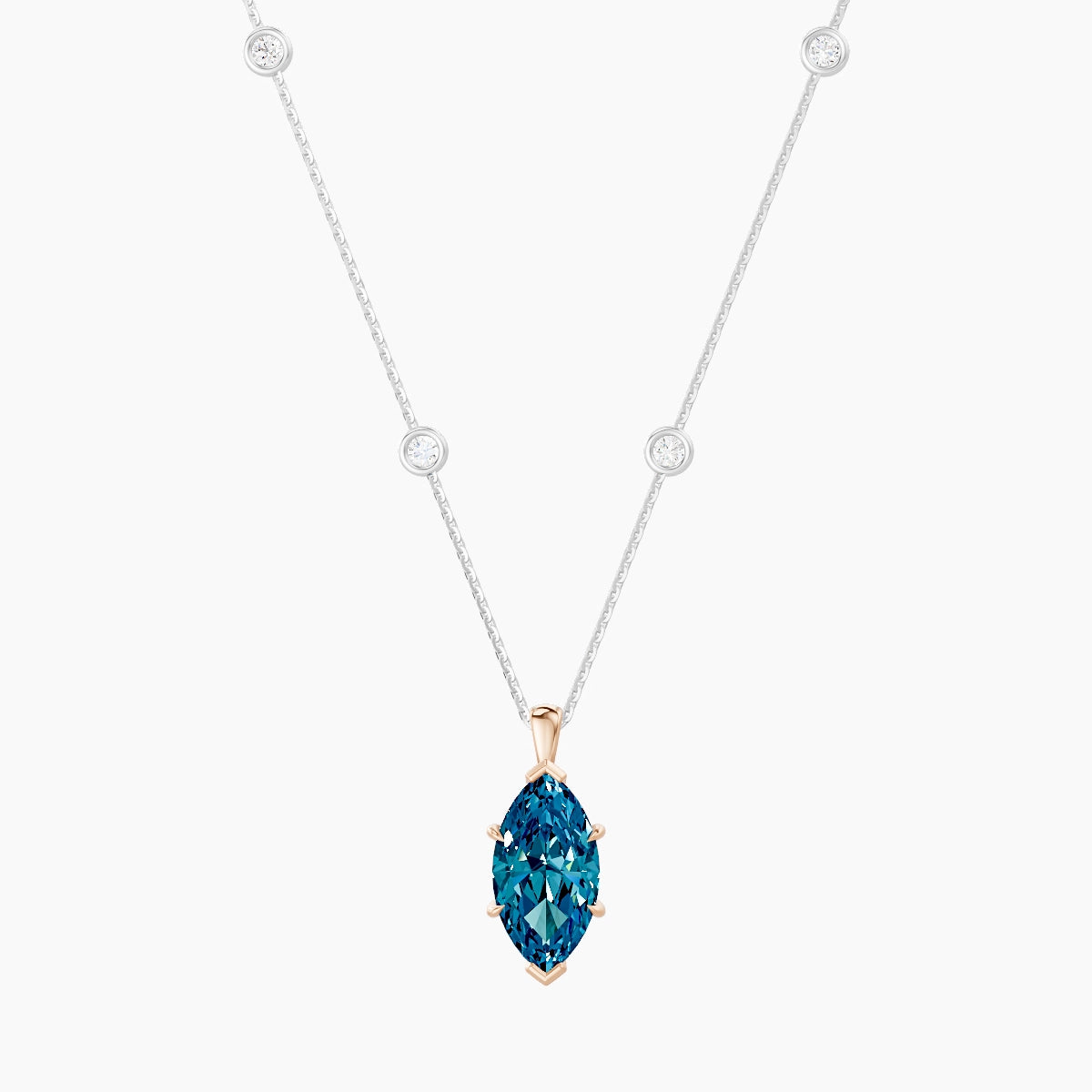 Hanging Solitaire with Sautoir | 18k White & Rose Gold 3 ct Blue Lab Diamond Marquise Pendant