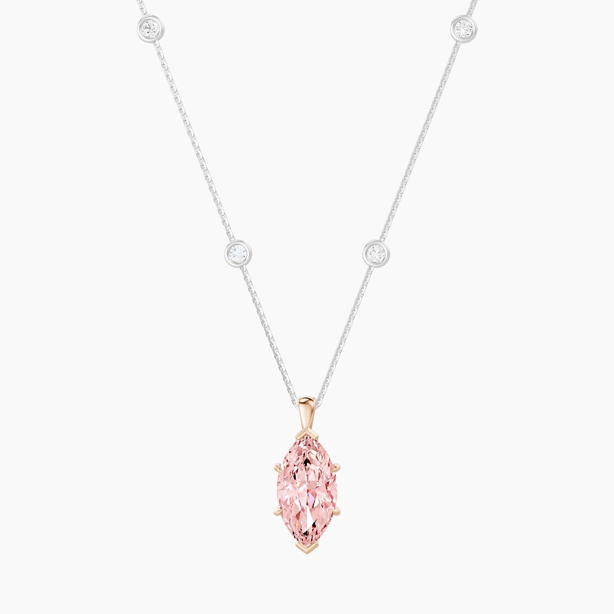 Hanging Solitaire with Sautoir | 18k White & Rose Gold 3 ct Pink Lab Diamond Marquise Pendant