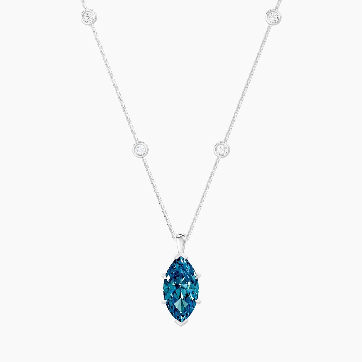 Hanging Solitaire with Sautoir | 18k White Gold 3 ct Blue Lab Diamond Marquise Pendant
