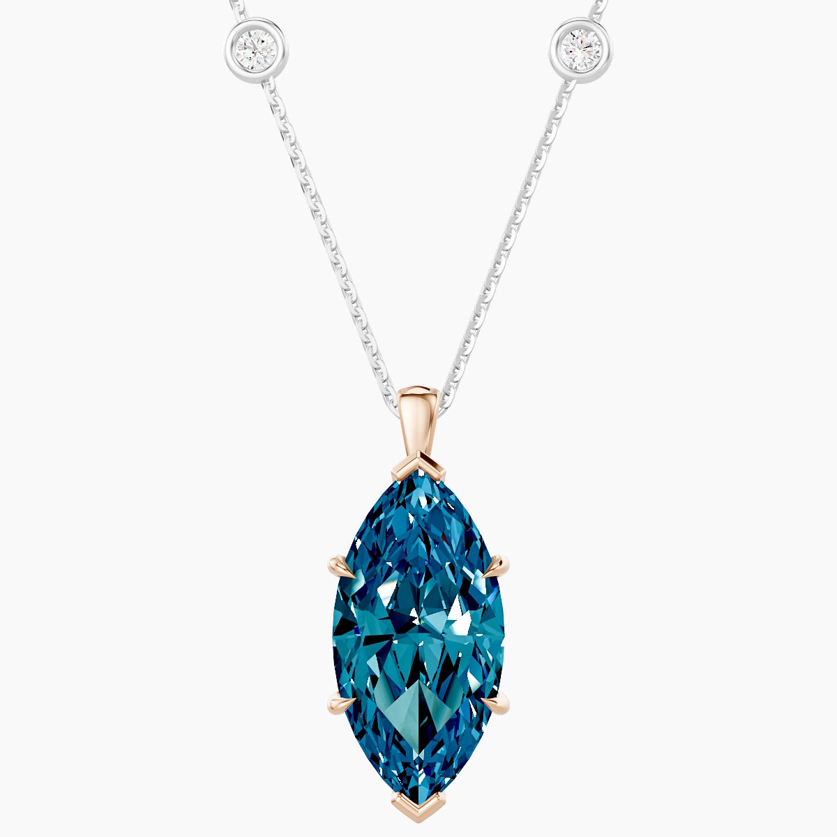 Hanging Solitaire with Sautoir | 18k White & Rose Gold 5 ct Blue Lab Diamond Marquise Pendant