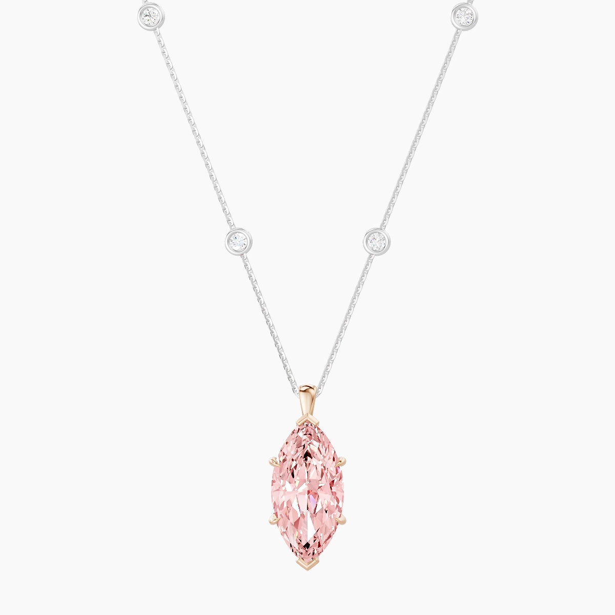 Hanging Solitaire with Sautoir | 18k White & Rose Gold 5 ct Pink Lab Diamond Marquise Pendant