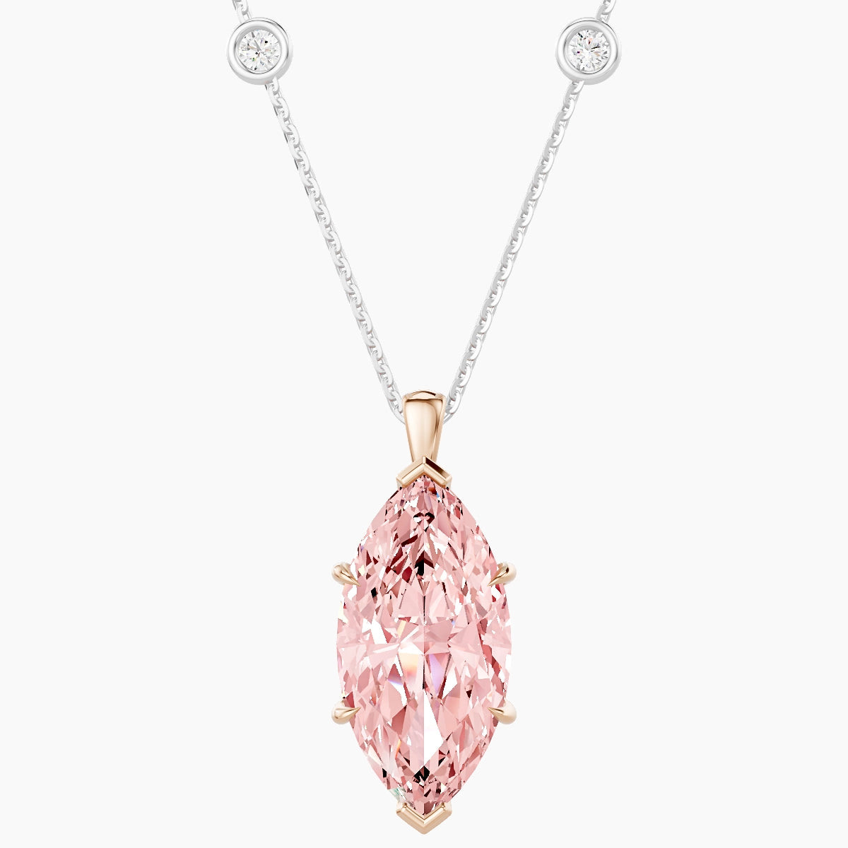 Hanging Solitaire with Sautoir | 18k White & Rose Gold 5 ct Pink Lab Diamond Marquise Pendant