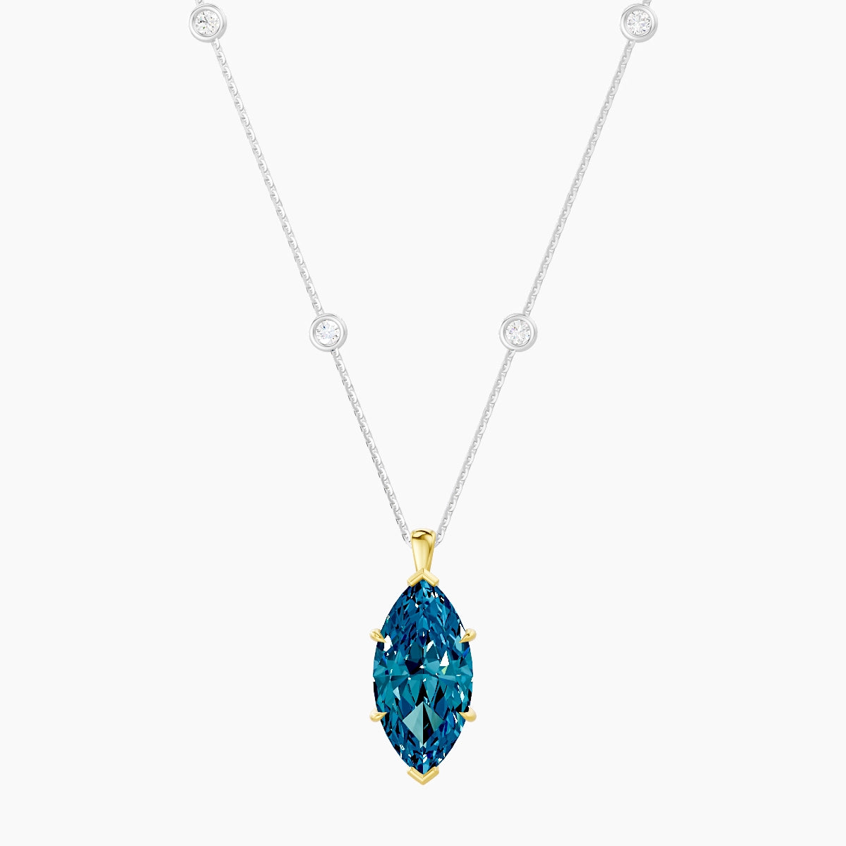 Hanging Solitaire with Sautoir | 18k White & Yellow Gold 5 ct Blue Lab Diamond Marquise Pendant