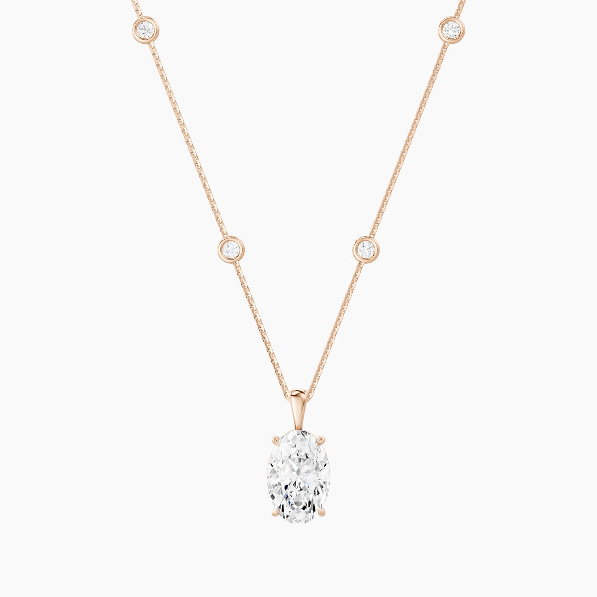 Hanging Solitaire with Sautoir | 18k Rose Gold 3 ct White Lab Diamond Oval Pendant