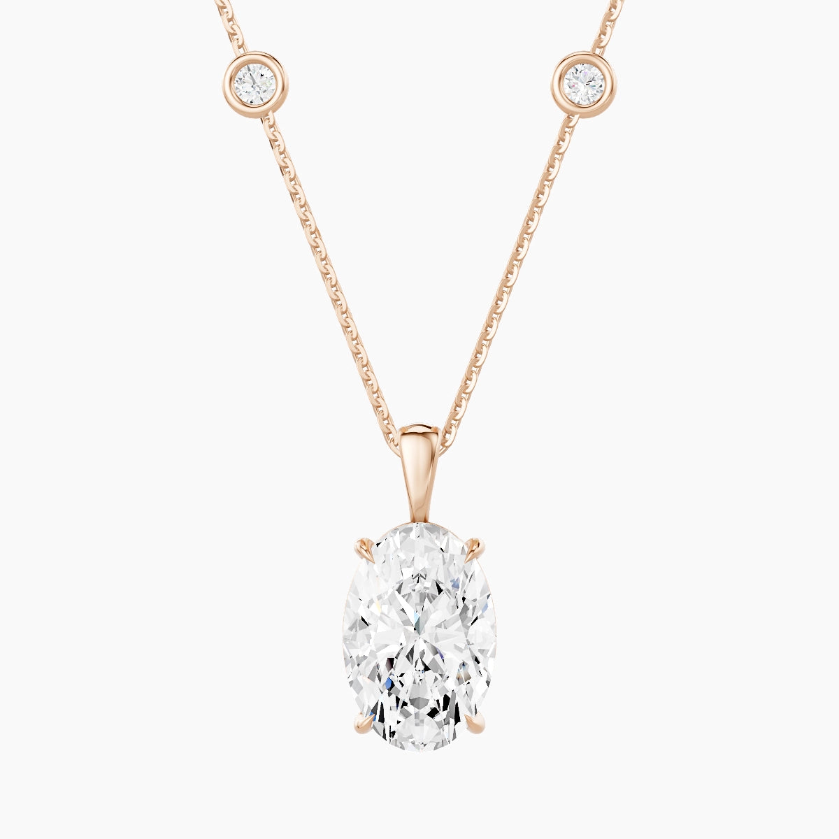 Hanging Solitaire with Sautoir | 18k Rose Gold 3 ct White Lab Diamond Oval Pendant