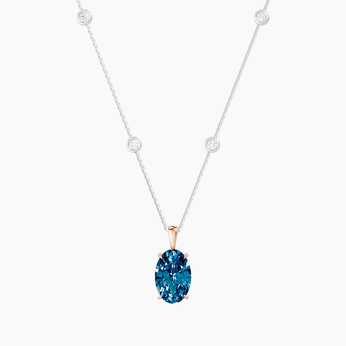 Hanging Solitaire with Sautoir | 18k White & Rose Gold 3 ct Blue Lab Diamond Oval Pendant
