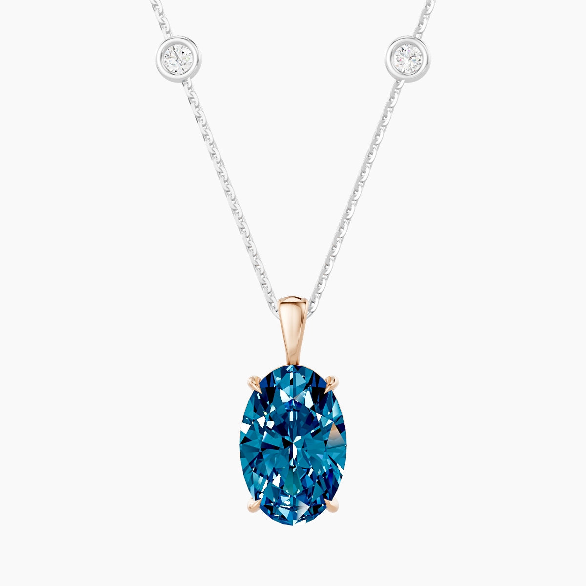 Hanging Solitaire with Sautoir | 18k White & Rose Gold 3 ct Blue Lab Diamond Oval Pendant