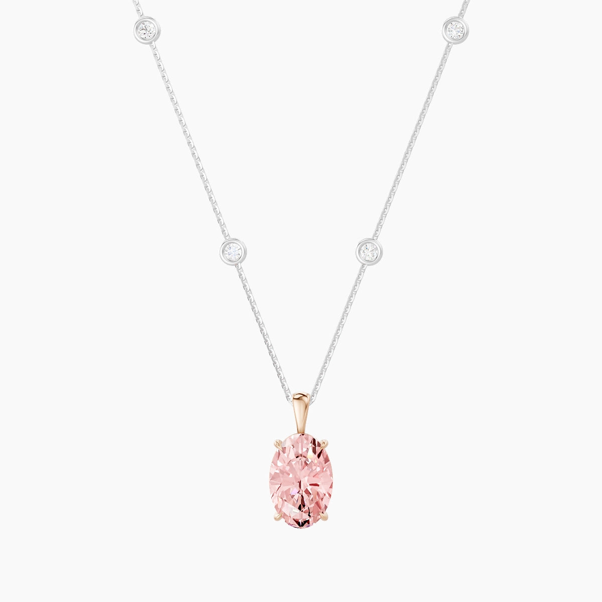 Hanging Solitaire with Sautoir | 18k White & Rose Gold 3 ct Pink Lab Diamond Oval Pendant