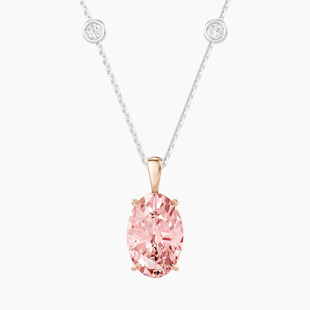 Hanging Solitaire with Sautoir | 18k White & Rose Gold 3 ct Pink Lab Diamond Oval Pendant