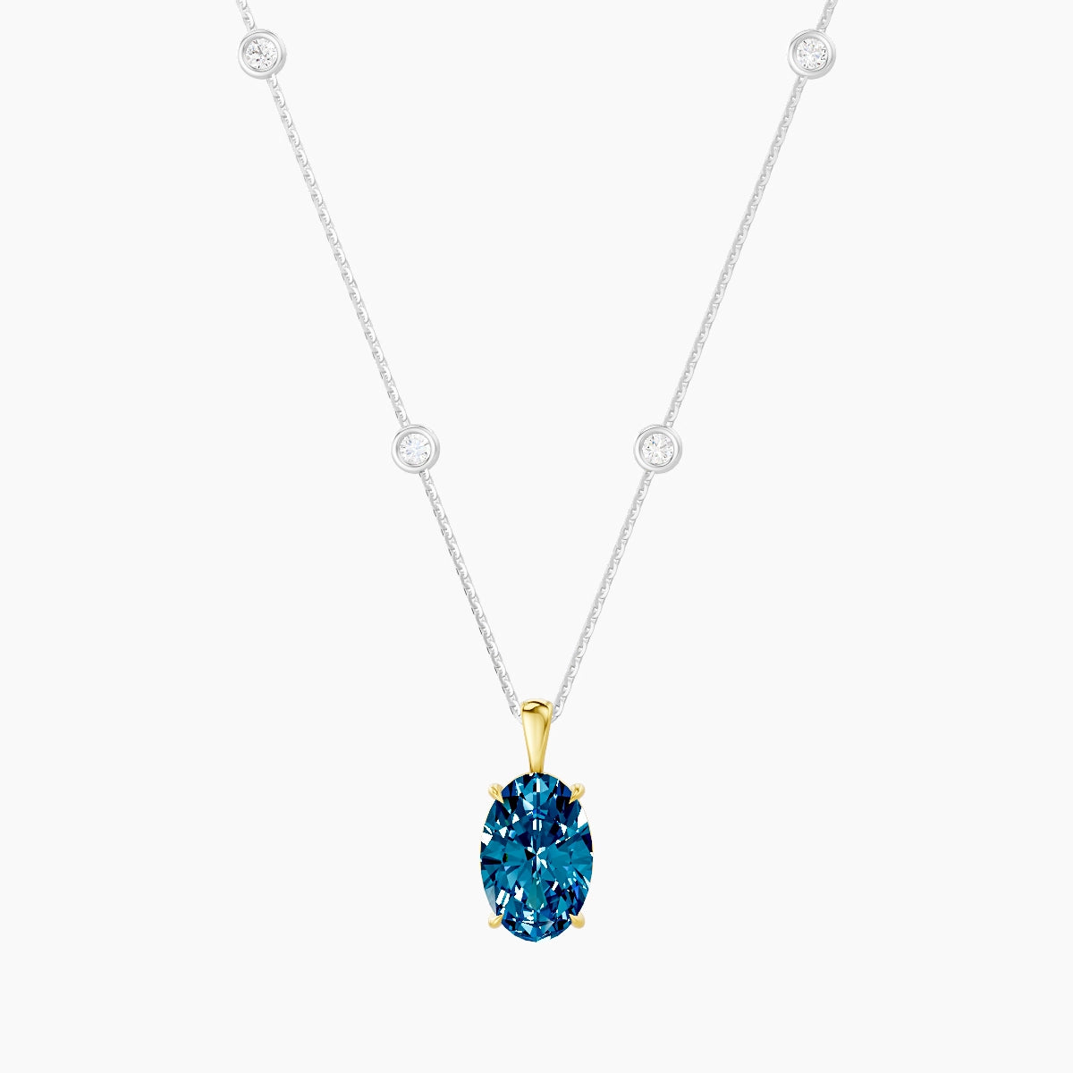 Hanging Solitaire with Sautoir | 18k White & Yellow Gold 3 ct Blue Lab Diamond Oval Pendant