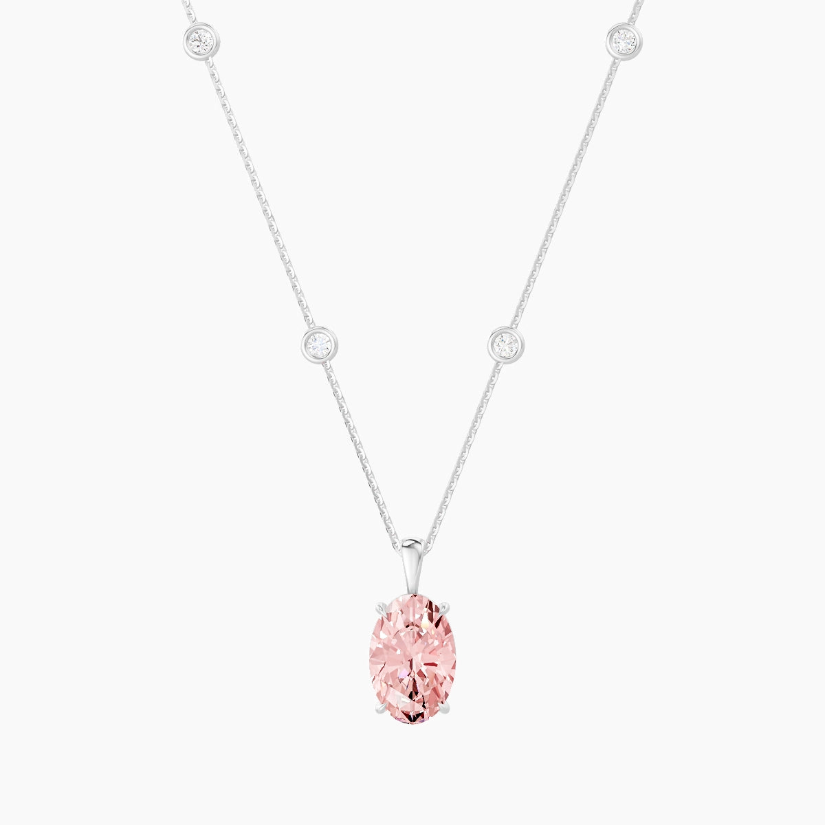 Hanging Solitaire with Sautoir | 18k White Gold 3 ct Pink Lab Diamond Oval Pendant