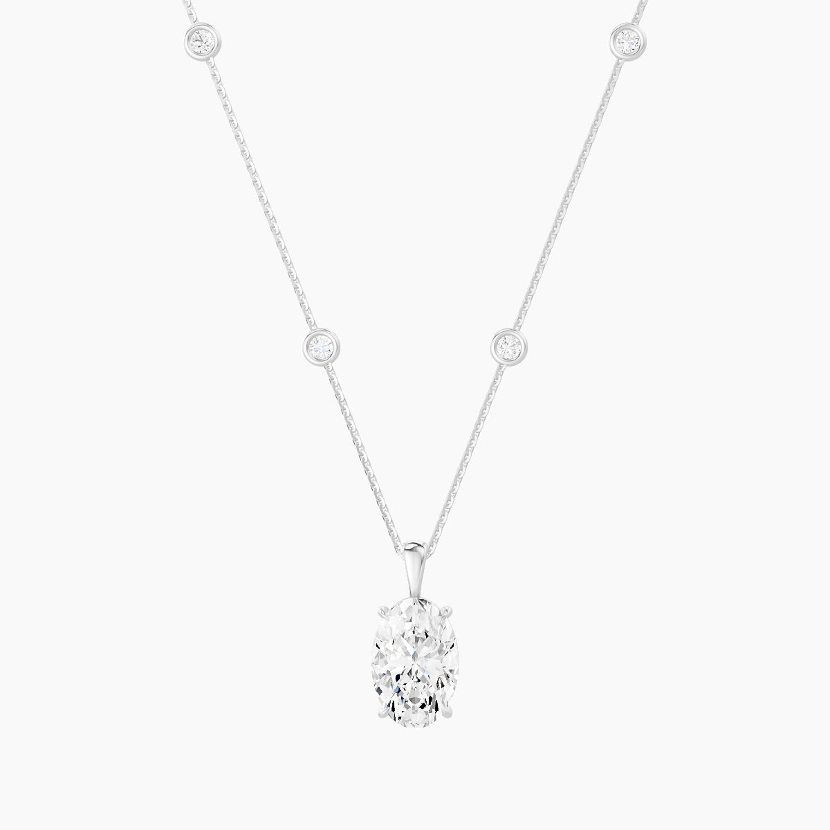 Hanging Solitaire with Sautoir | 18k White Gold 3 ct White Lab Diamond Oval Pendant